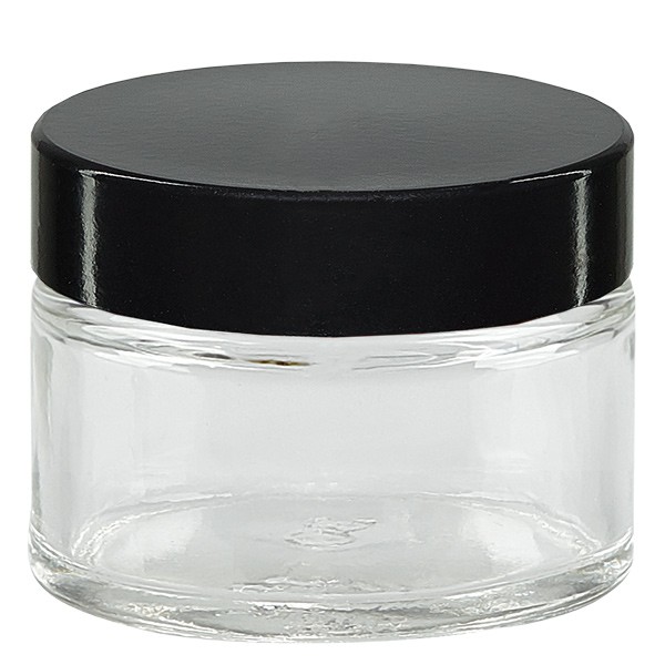 Glaskrukke 15 ml klar, med sort. Låg af bakelit Glaskrukke 15 ml klar, med sort. Låg af bakelit