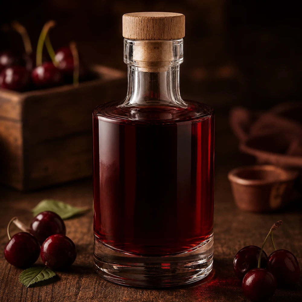 200 ml glasflaske Marie med træhåndtagskork UNiTWIST® 200 ml glasflaske Marie med fyld af mørkerød kirsebærlikør, træprop, dekoreret med friske kirsebær på en træbase.