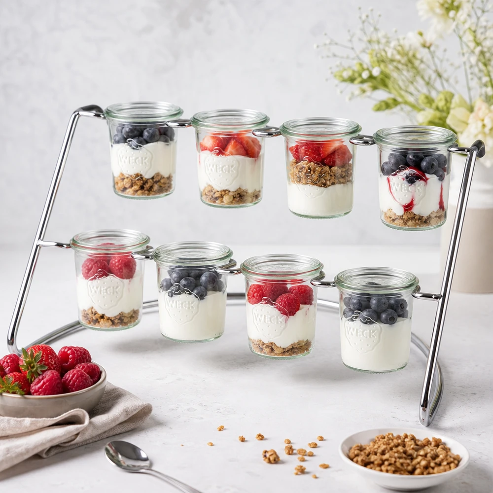 Flato8-serveringsstativ til 8 WECK-glas Flato8 serveringsstativ med yoghurtparfait og bær i WECK-glas som dessertbuffet på en hvid marmortallerken