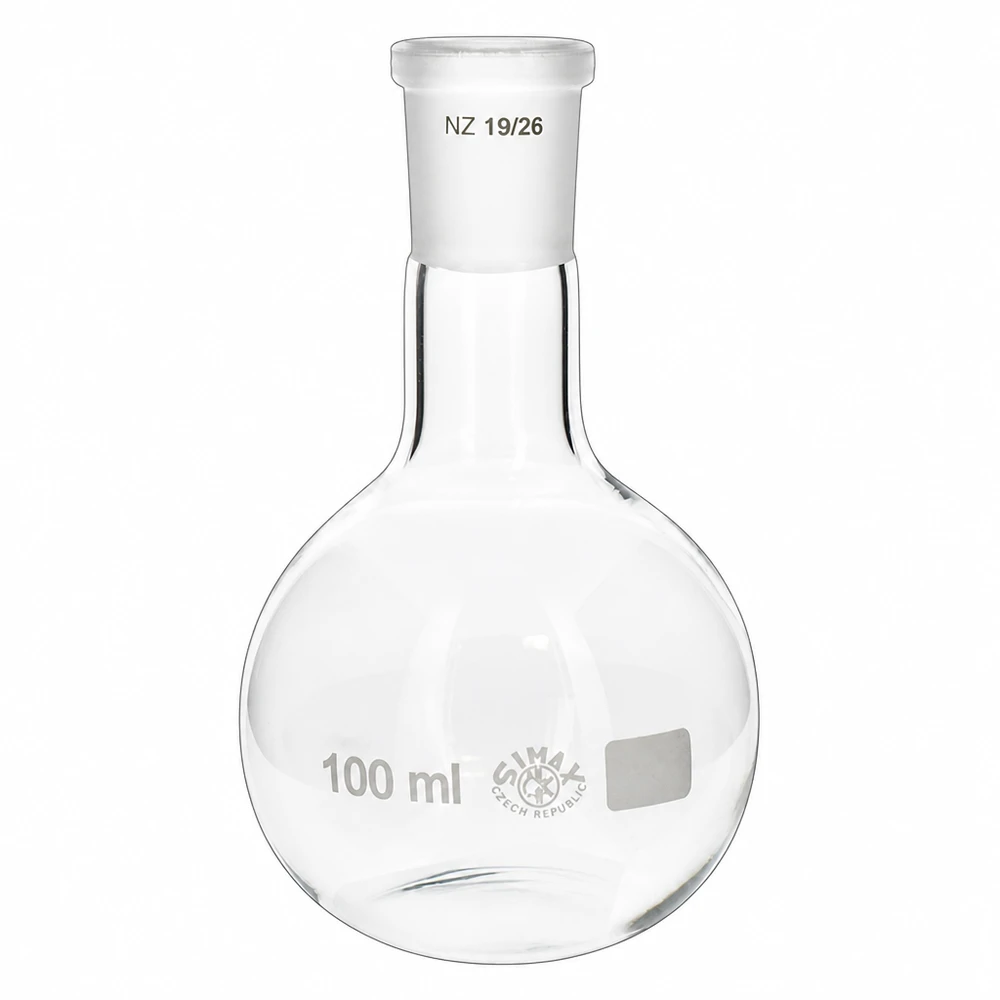 100 ml kolbe med standard slebet led (19/26) Stående kolbe 100 ml med standardslibning 19/26 af klart borosilikatglas til laboratorieformål