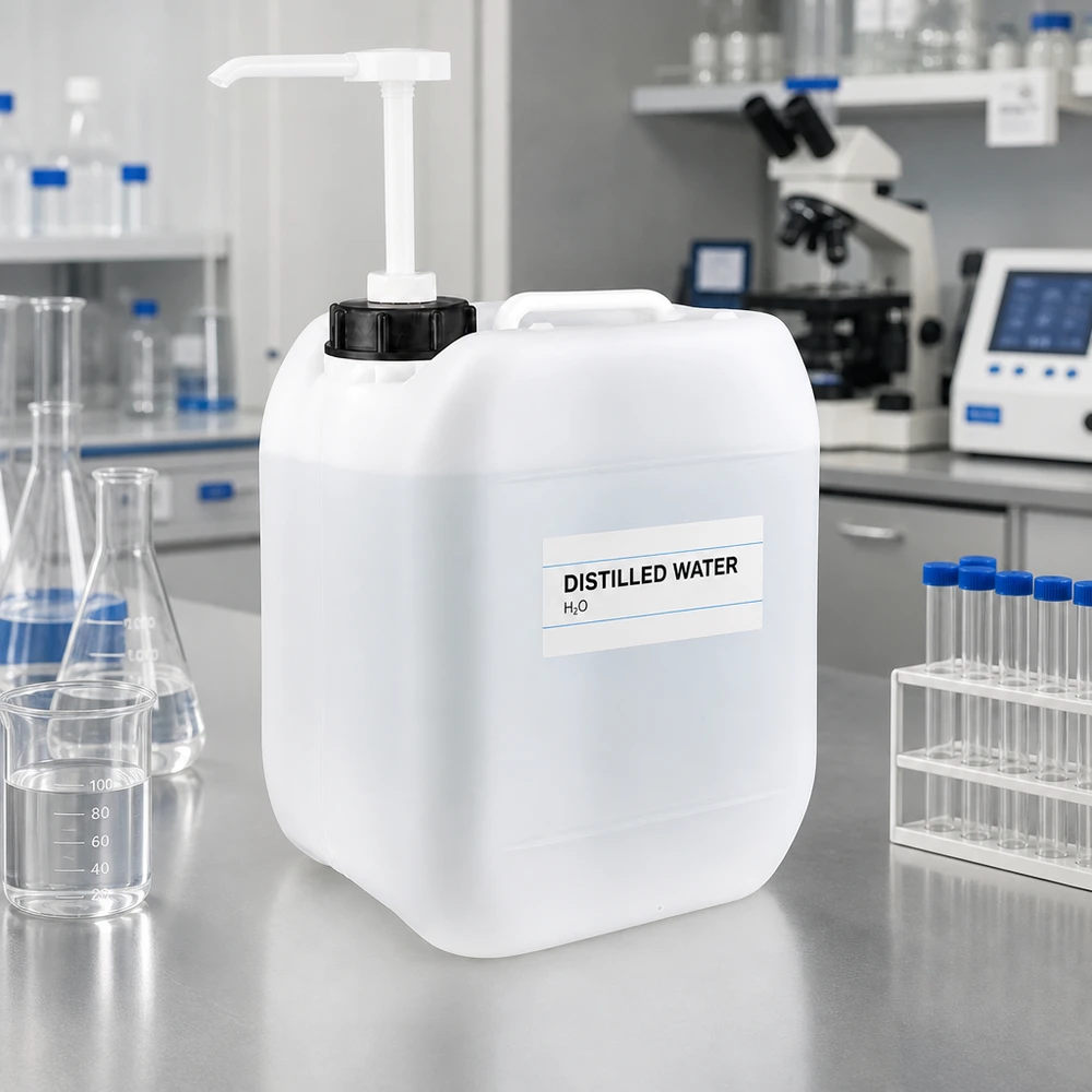 Beholder 5 liter med doseringspumpe 5-liters laboratoriekanister med pumpe, fyldt med destilleret vand, på en arbejdsflade af rustfrit stål
