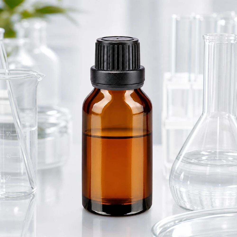 Apoteksflaske brun 15ml skruelåg sort tæt OV Brun glasflaske på 15 ml med børnesikret skruelåg og originalpakning til laboratoriebrug