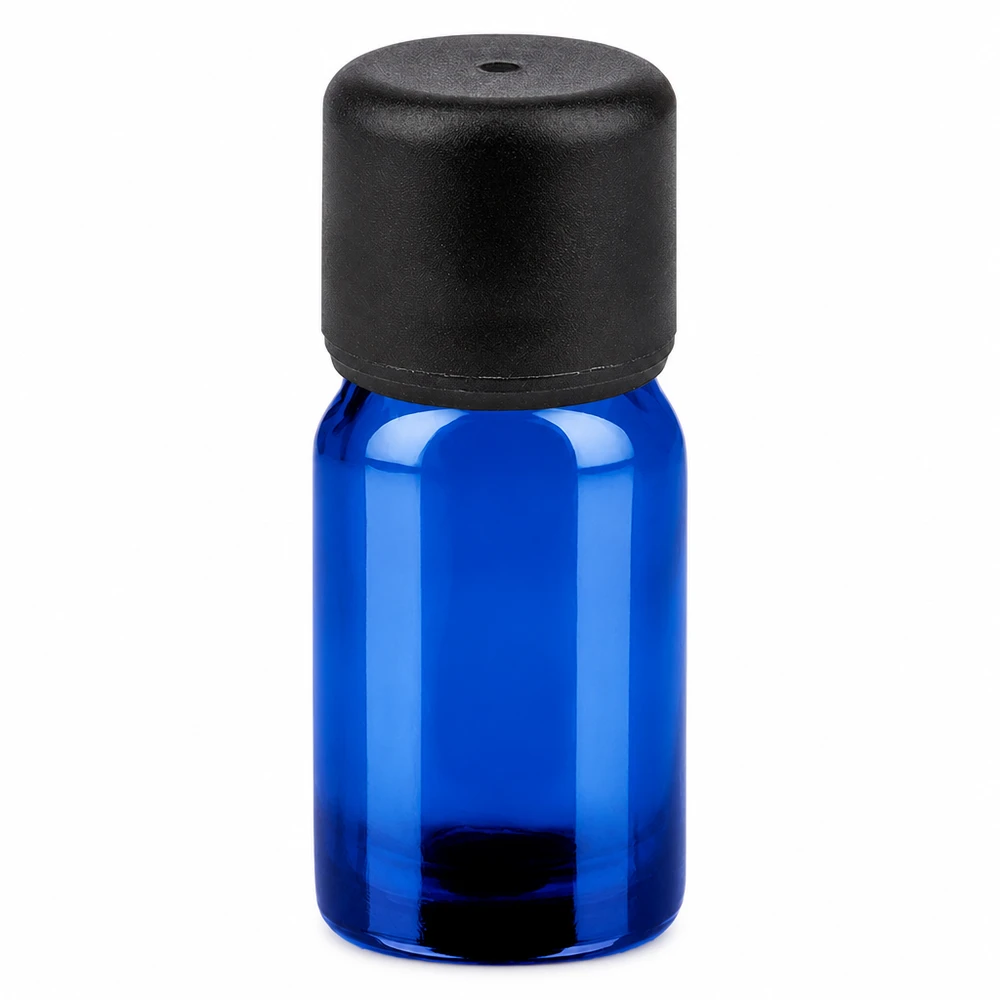 5ml flaske 6mm SV sort STD BlueLine UT18/5 5 ml glasflaske blå med sort hætte til æteriske olier og aromaterapi