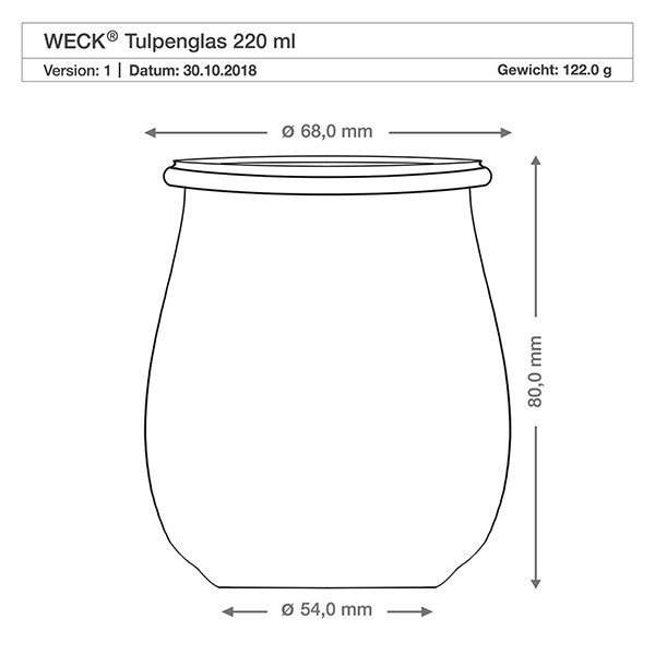 WECK mini tulipankrukke 220 ml komplet med honningske Teknisk tegning WECK tulipankrukke 220ml med målene 68mm diameter, 80mm højde og 122g vægt