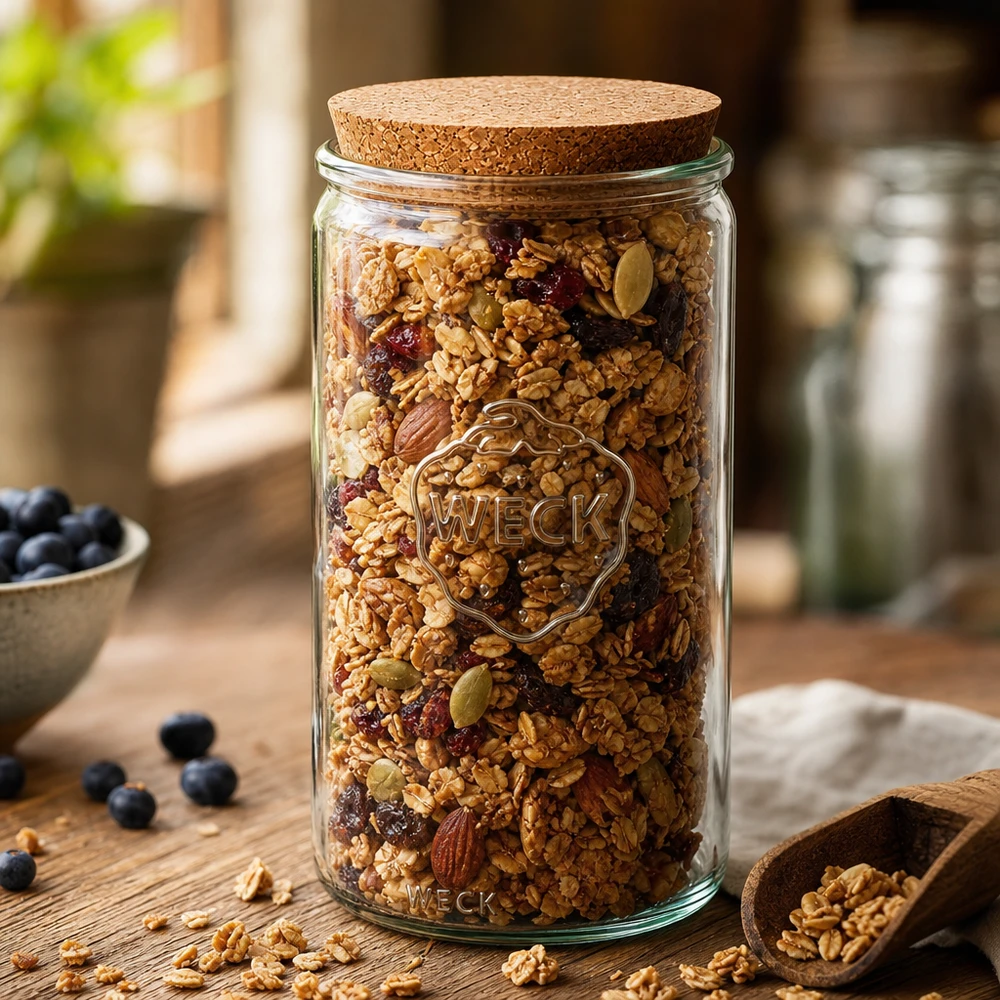 1590 ml cylinderglas WECK RR100 med kork natur WECK opbevaringskrukke 1590ml RR100 fyldt med müsli nødder og tørret frugt kork låg køkken dekoration