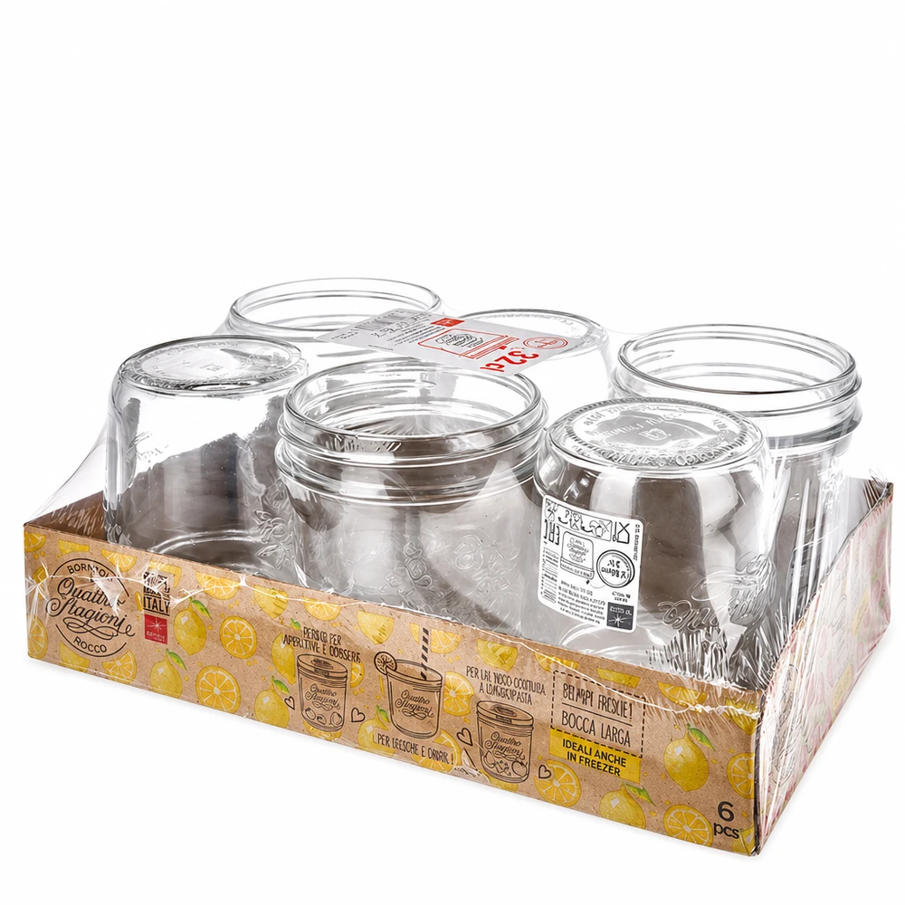 320 ml Quattro Stagioni Briller med låg Sæt med 6 320 ml Quattro Stagioni-glas i salgsemballage med låg Bormioli Rocco syltekrukkesæt