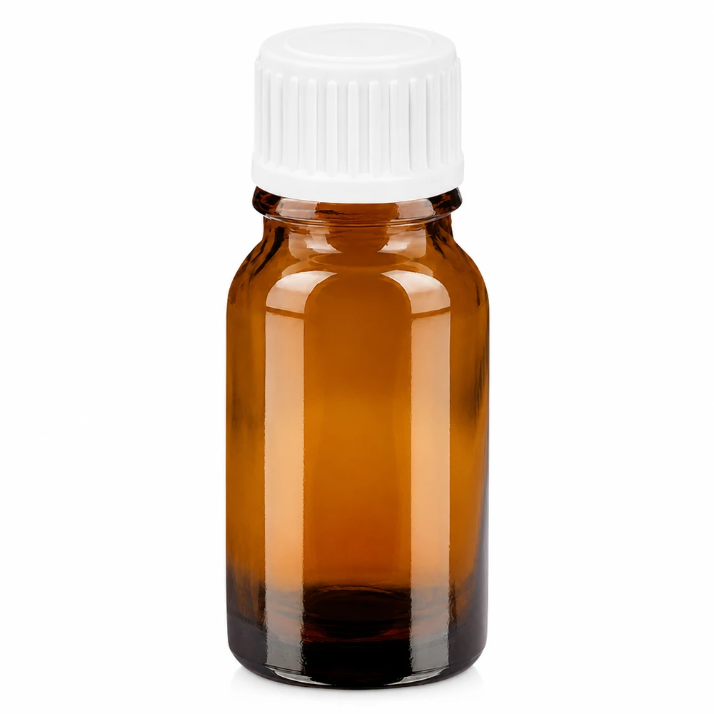 10 ml dråbeflaske 0,9 mm hvid STD BrownLine UT18/10 10 ml ravfarvet glasflaske med hvid dråbehætte til æteriske olier og medicin