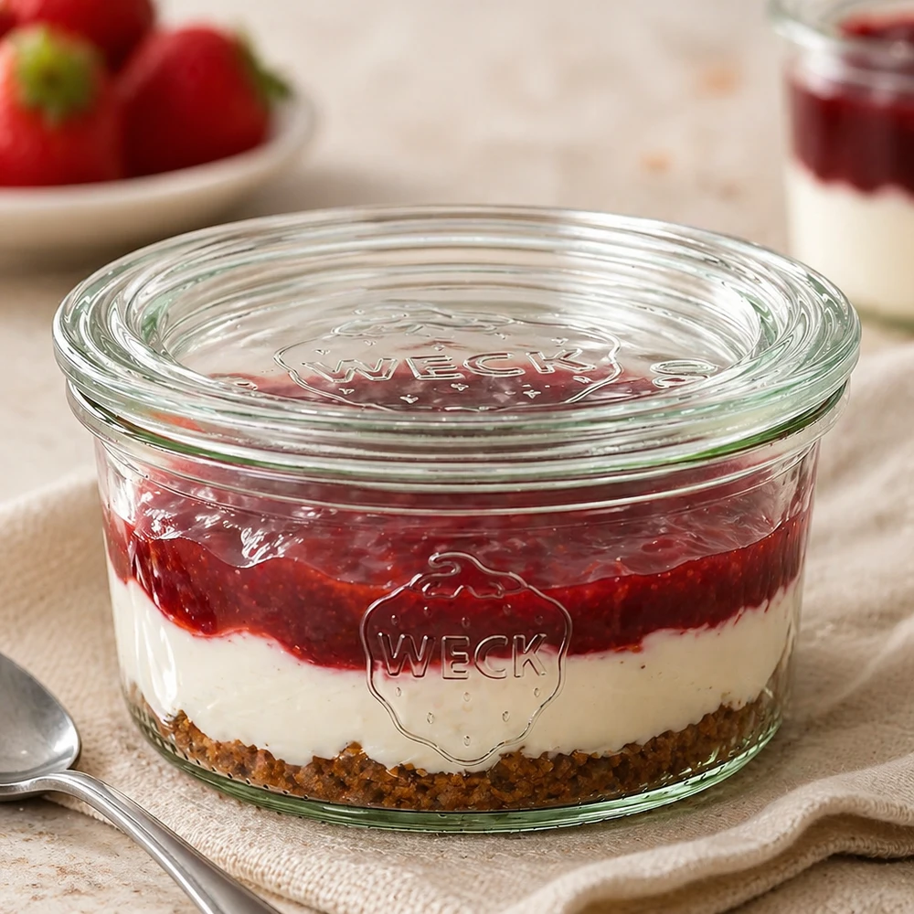 165 ml Briller med glaslåg WECK RR80 WECK 165 ml RR80-bægre fyldt med lagdelt dessert viser alsidighed til desserter og portionering