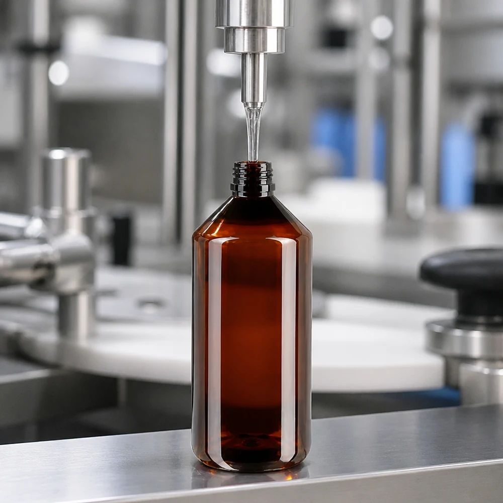 Påfyldningsanlægget fylder en ravfarvet PET-flaske på 1000 ml (PP28) på et produktionsbånd af rustfrit stål