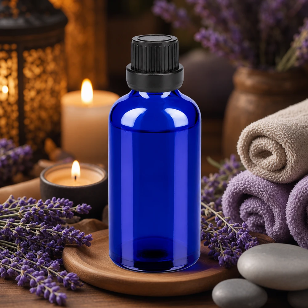 50 ml koboltblå glasflaske af høj kvalitet med sort dryplåg til aromaterapi