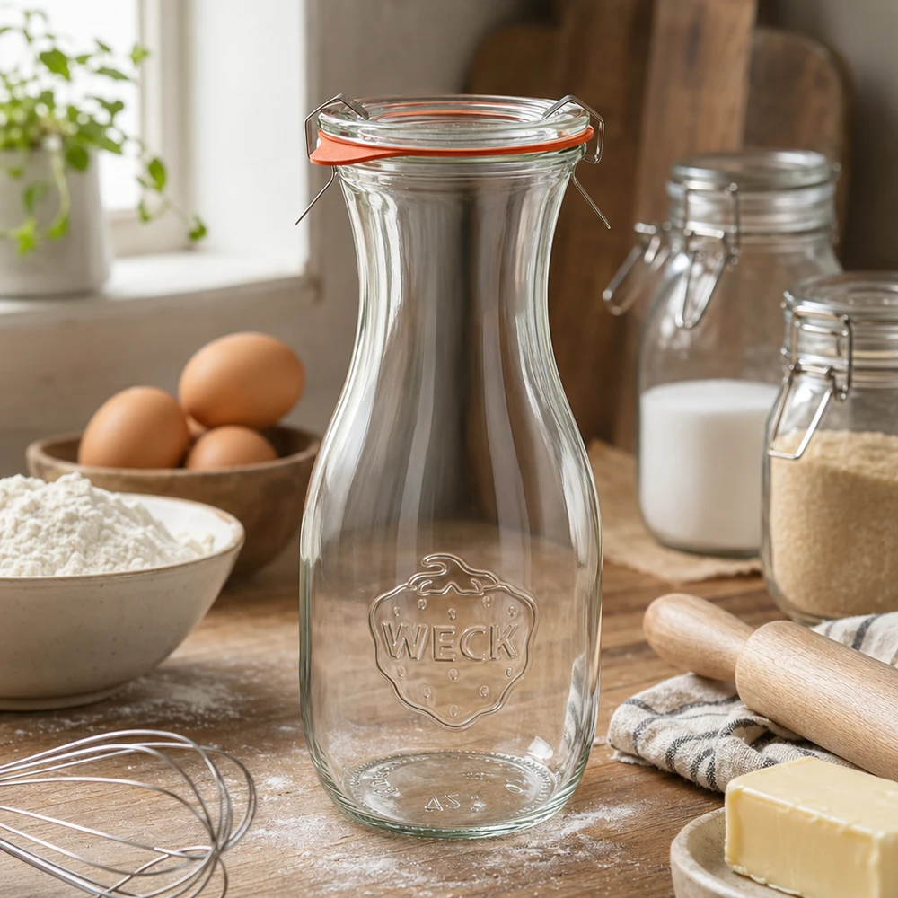 530 ml saftflaske, komplet WECK RR60 WECK juiceflaske 530ml RR60 i køkkenmiljø med bageingredienser æg mel og smør på træbordplade
