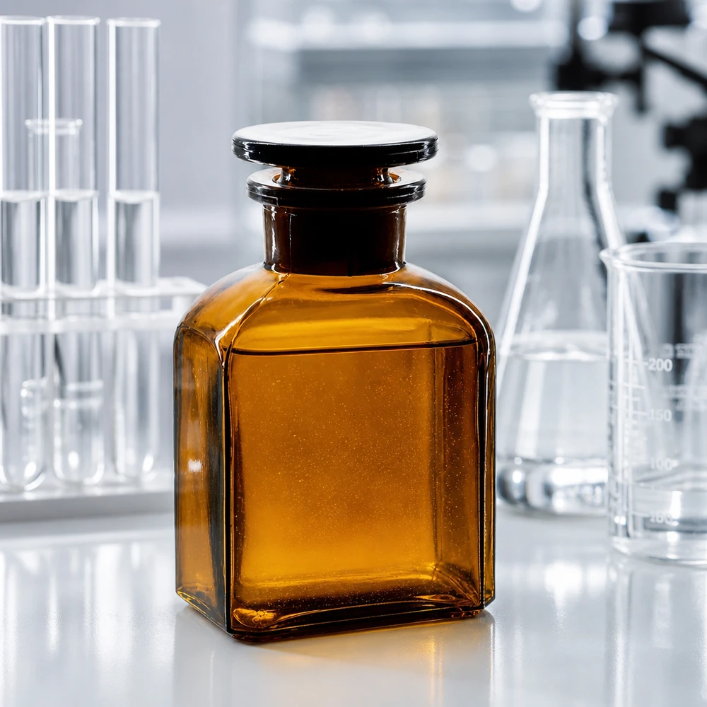 Firkantet flaske 150 ml brun glasprop med bred hals Firkantet flaske af brunt glas, 150 ml, bred hals med glasprop, mellem Erlenmeyer-kolber og reagensglas