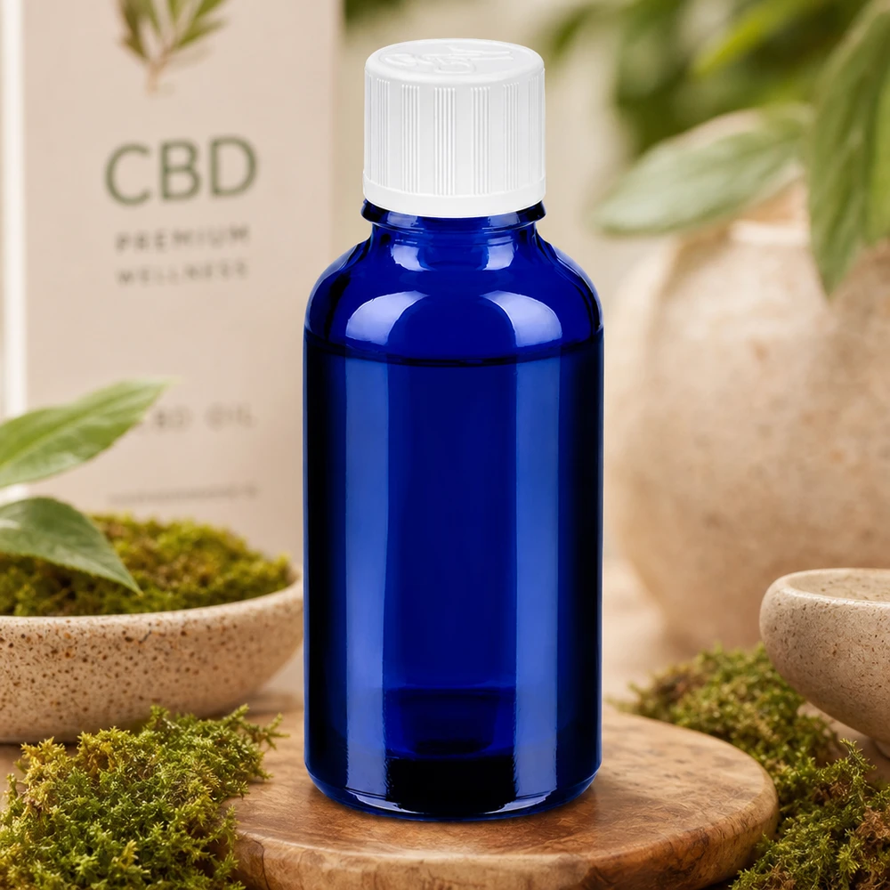 30 ml flaske 11 mm SV m. STD KiSi BlueLine UT18/30 30 ml BlueLine-glasflaske med hvidt skruelåg til professionel produktemballage