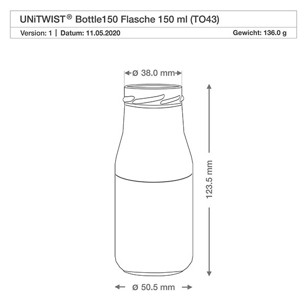 UNiTWIST Bottle150 - Flaske med indhold 150 ml TO43 UNiTWIST Bottle150 glasflaske 150ml TO43 med målene 38mm diameter 123,5mm højde teknisk tegning