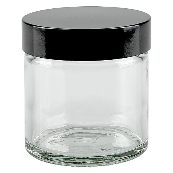 60 ml glaskrukke klar, med sort bakelitlåg ApoGlas. Farmaceutisk kvalitet fra EU-produktion. Fødevaresikker. Elegant præsentation af indholdet. 60 ml glaskrukke klar, med sort bakelitlåg ApoGlas. Farmaceutisk kvalitet fra EU-produktion. Fødevaresikker. Elegant præsentation af indholdet.