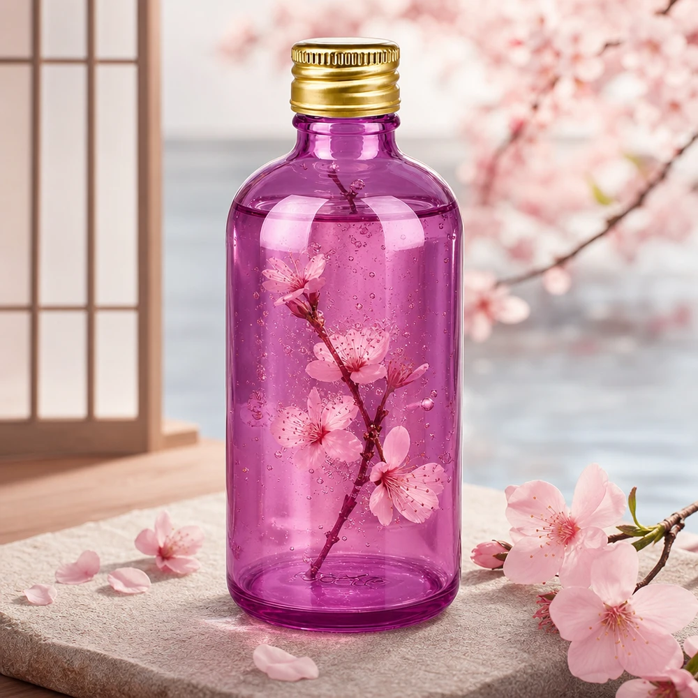 100 ml flaske 11 mm skruelåg aluminium guld standard PurpleLine. UT18/100 Kompakt 100 ml glasflaske i lilla med 18 mm gevind og guldhætte til apoteker