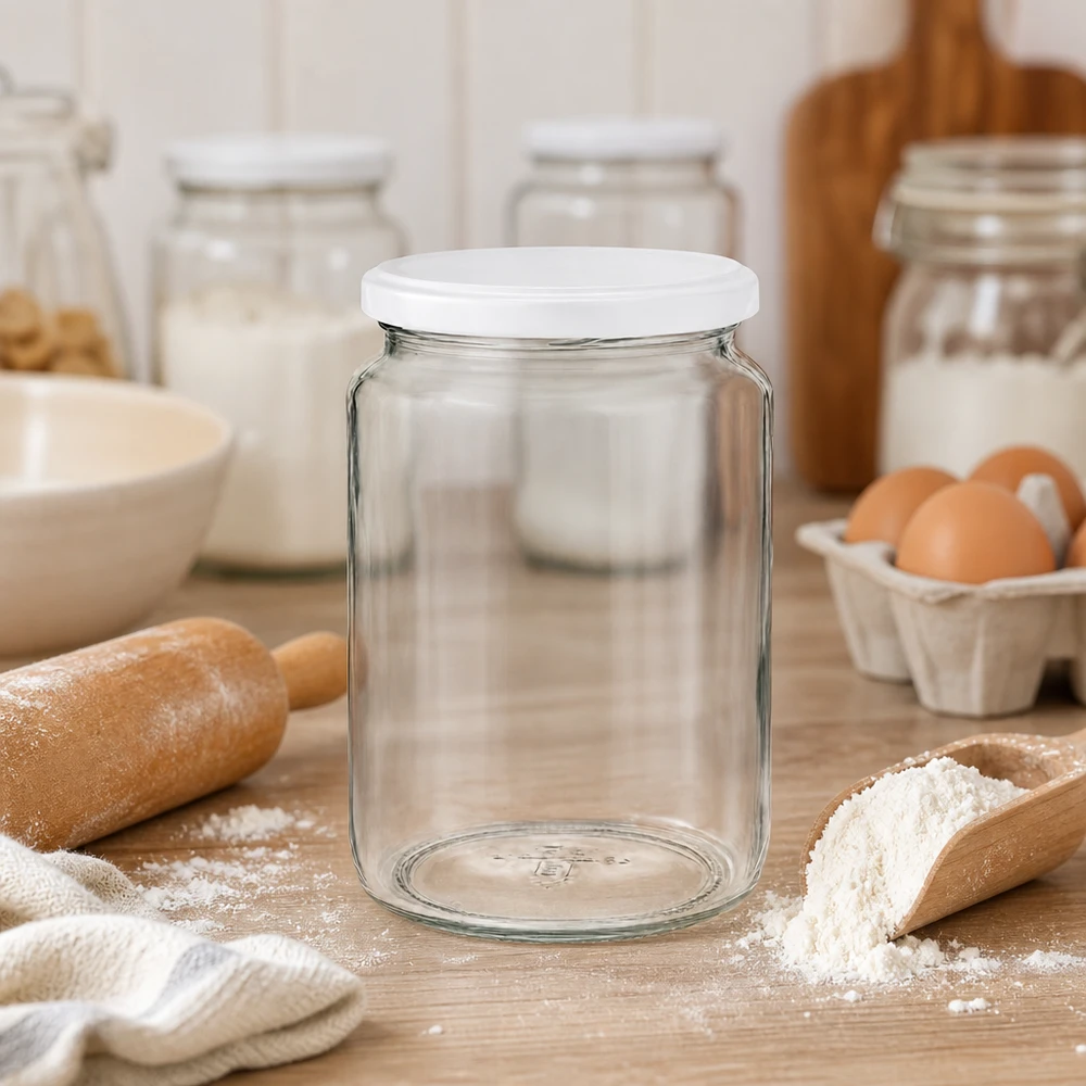 795 ml rund krukke med BasicSeal-låg hvid UNiTWIST 795 ml UNiTWIST rund krukke i køkkenscene med bageingredienser viser alsidig brug som opbevaringskrukke til mel