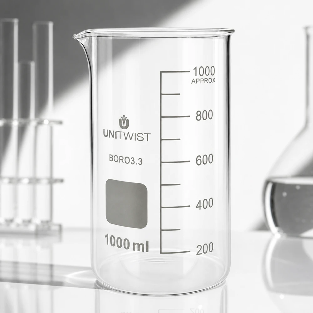 Bæger 1000 ml borosilikat, høj form UNITWIST UNITWIST måleglas 1000 ml, høj model, borosilikatglas 3.3, gennemsigtigt, tomt, med skala på hvid baggrund