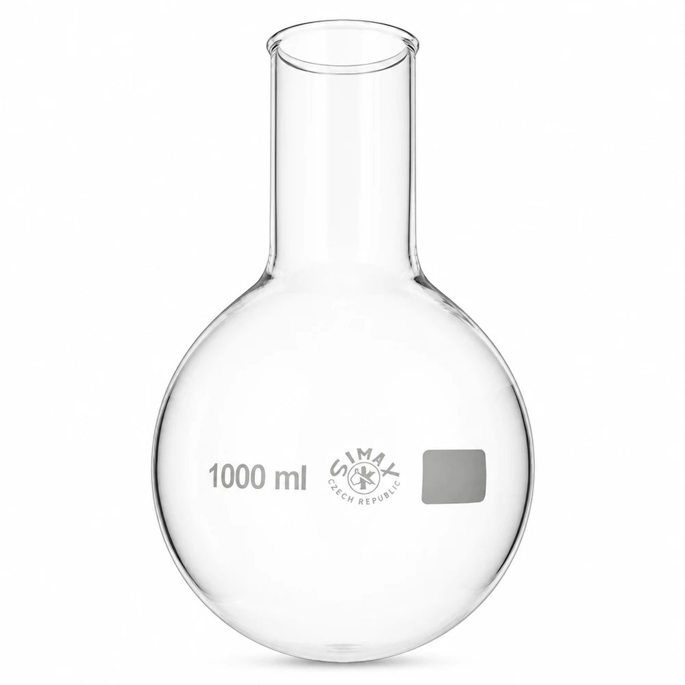 Rundbundet kolbe 1000 ml med bred hals Rundbundet kolbe med bred hals på 1000 ml af borosilikatglas til laboratoriebrug