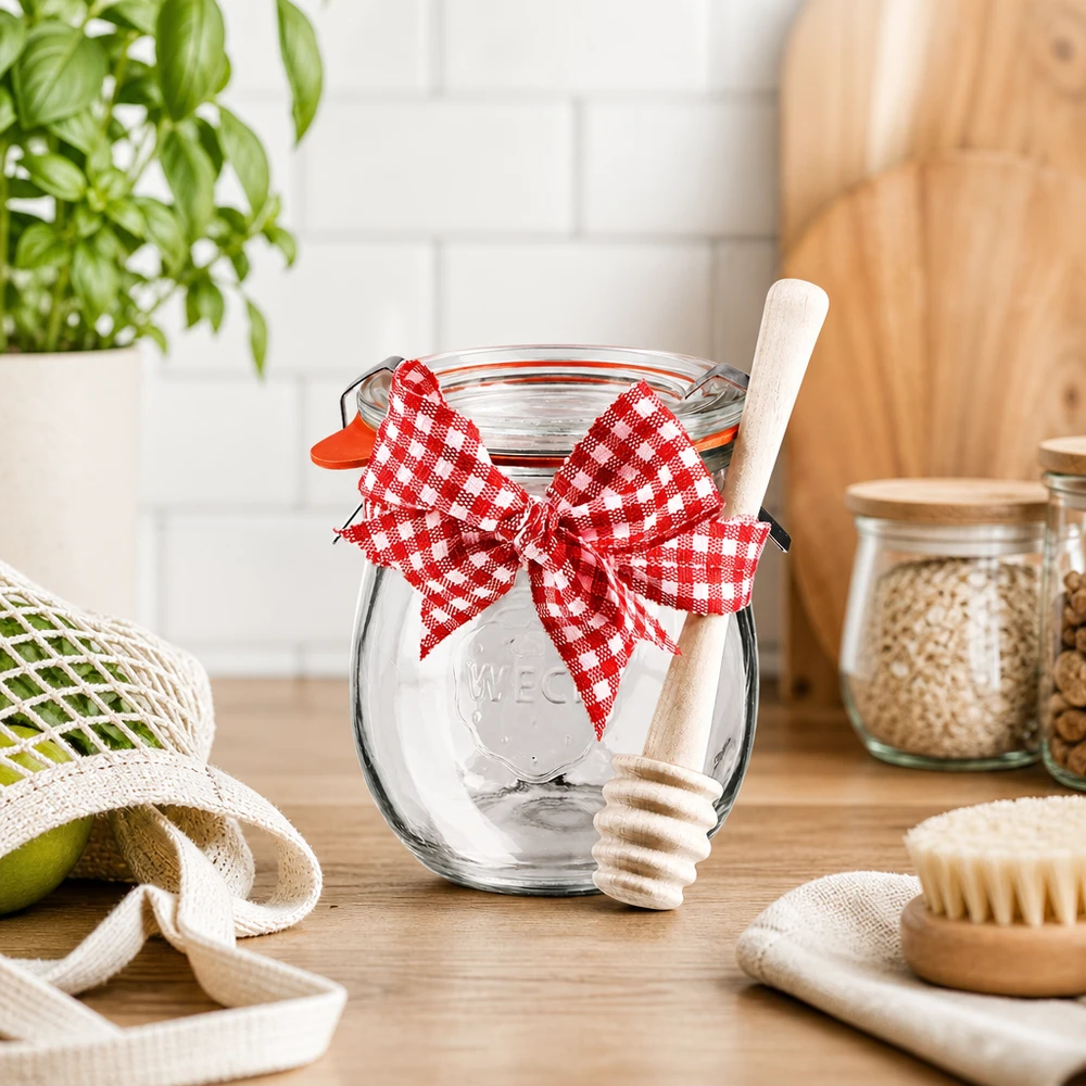 WECK mini tulipankrukke 220 ml komplet med honningske WECK mini tulipankrukke 220 ml i bæredygtigt køkken med honningske i træ, rød og hvid sløjfe og økotilbehør