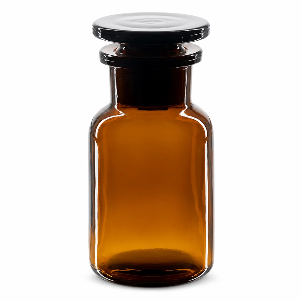 Rund skulderflaske 100 ml brun glasprop med bred hals Brun flaske med runde skuldre, 100 ml, med glasprop og bred hals til laboratorier og apoteker