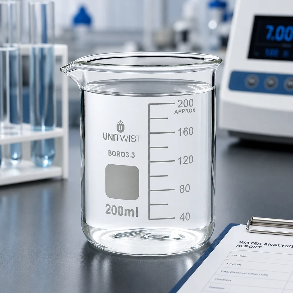 Bæger 200 ml borosilikat, lav skimmel UNiTWIST Gennemsigtigt bægerglas på 200 ml af borosilikatglas 3.3 fra UNiTWIST sammen med en vandanalyserapport fra testlaboratoriet