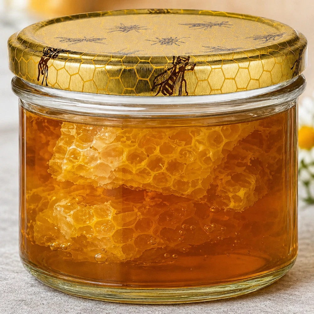 250 g honningglas med låg med honningkagemønster BasicSeal UNiTWIST 250g Honigglas gefüllt mit echter Bienenwabe im goldenen Honig zeigt natürliche Qualität und authentische Imkereiprodukt
