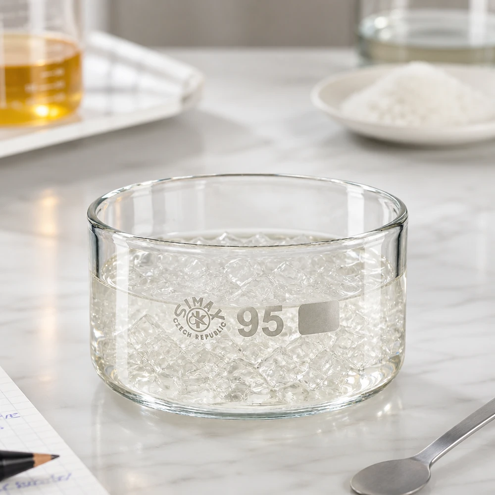 Krystalliseringsskål på 300 ml, fyldt med gennemsigtige gelperler, Simax borosilikatglas, laboratorieskål