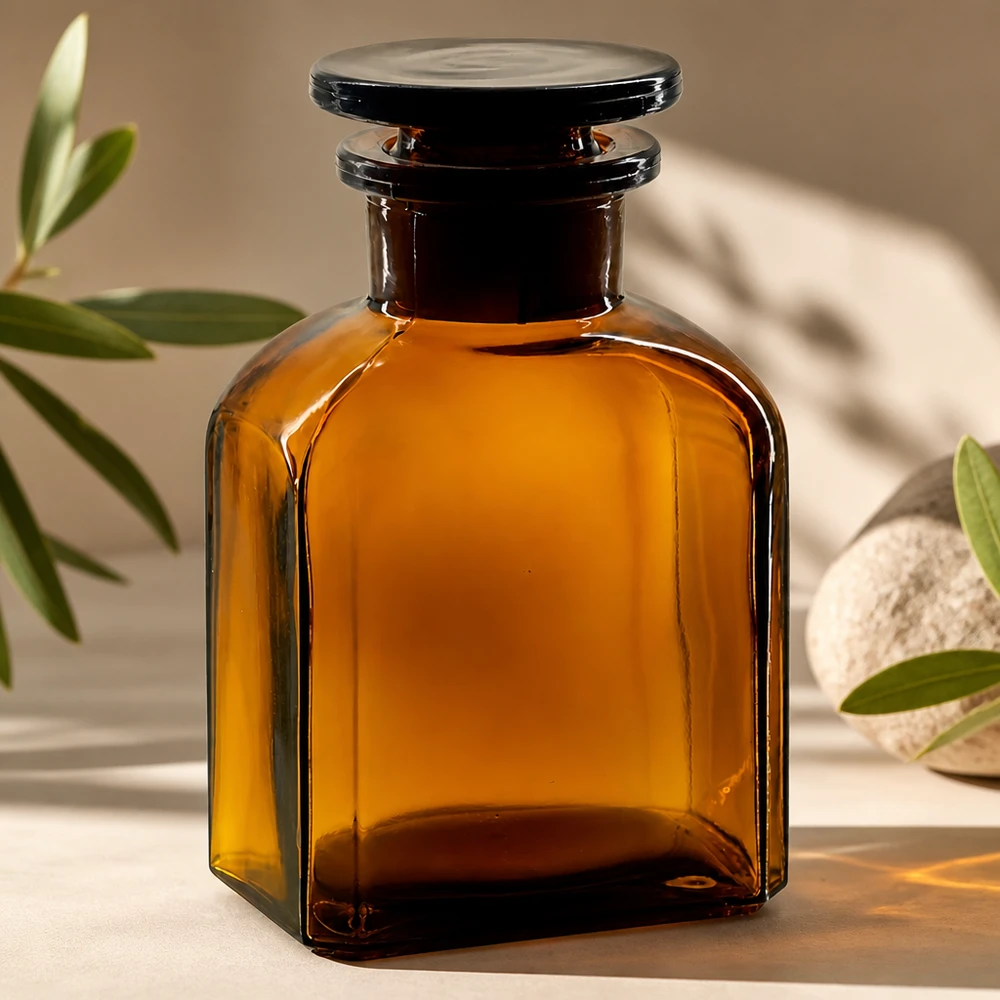Firkantet flaske 150 ml brun glasprop med bred hals Lysbeskyttet flaske, 150 ml, firkantet, med bred åbning og prop af brunt glas til laboratoriekemikalier