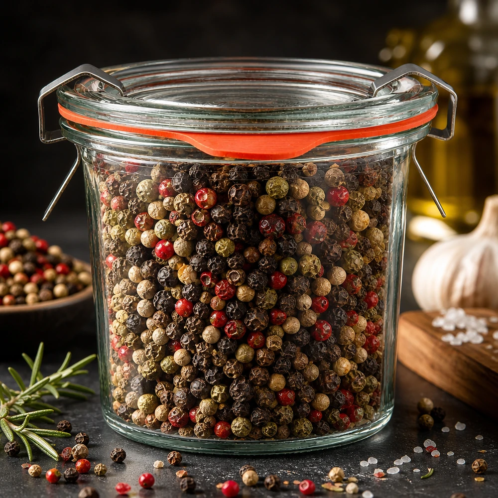 Idé til krydderikrukke: Briller mini mason jar 140 ml WECK Mini-glas med skrå kant, 140 ml, med farverig peberblanding (sort, rød, grøn) og hængselslåg