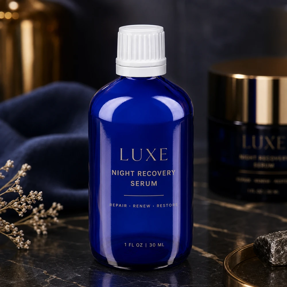 Luksus-kosmetikserum i en koboltblå 100 ml apotekerflaske af glas med hvid skruelåg