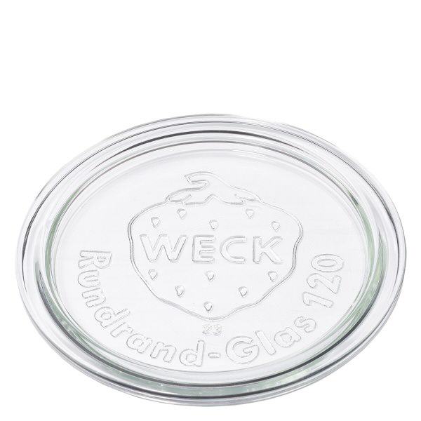 WECK glaslåg RR120 WECK-glaslåg RR120 af gennemsigtigt glas med præget WECK-logo og rund kant med glas 120-inskription