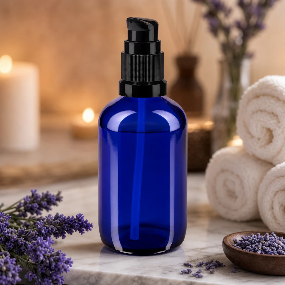 Koboltblå 100 ml pumpeflaske af apotekerglas med sort pumpedispenser på marmor