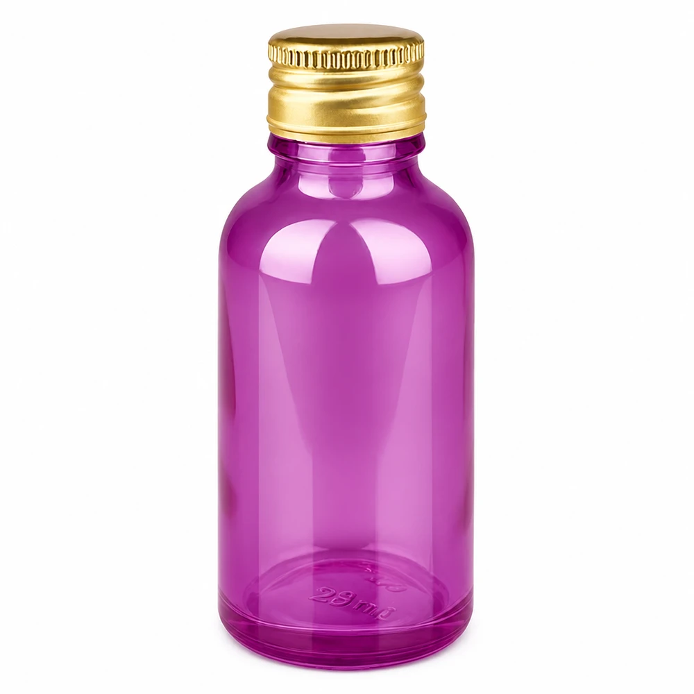 30 ml flaske 11 mm skruelåg aluminium guld standard PurpleLine. UT18/30 30 ml flaske i lyslilla med guldfarvet aluminiumshætte til kosmetik og lægemidler