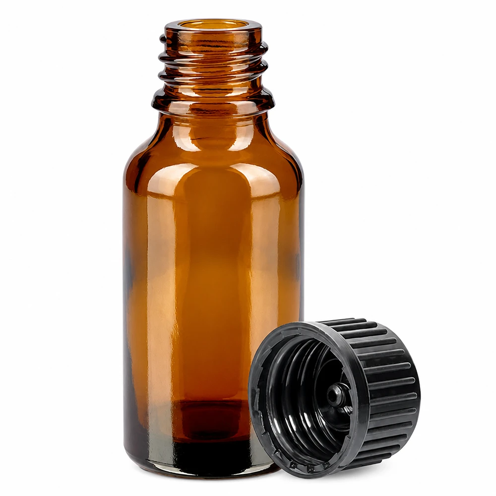 20 ml flaske 11 mm SV sort STD BrownLine UT18/20 Lille 20 ml ravfarvet glasflaske med riflet sort hætte til medicin og dråber
