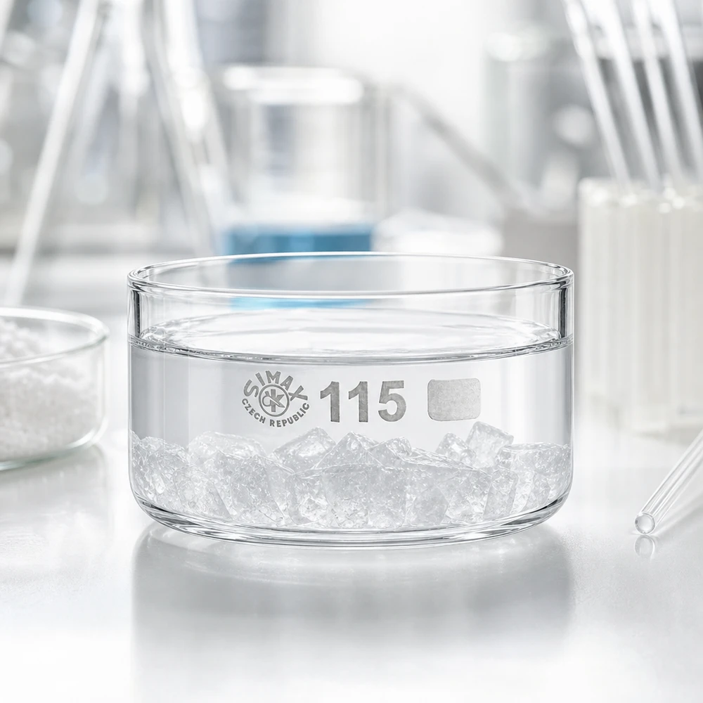 Krystalliseringsskål 500 ml uden tud Borosilikat SIMAX-krystalliseringsskål, 500 ml, borosilikatglas, fyldt med isterninger i laboratoriet