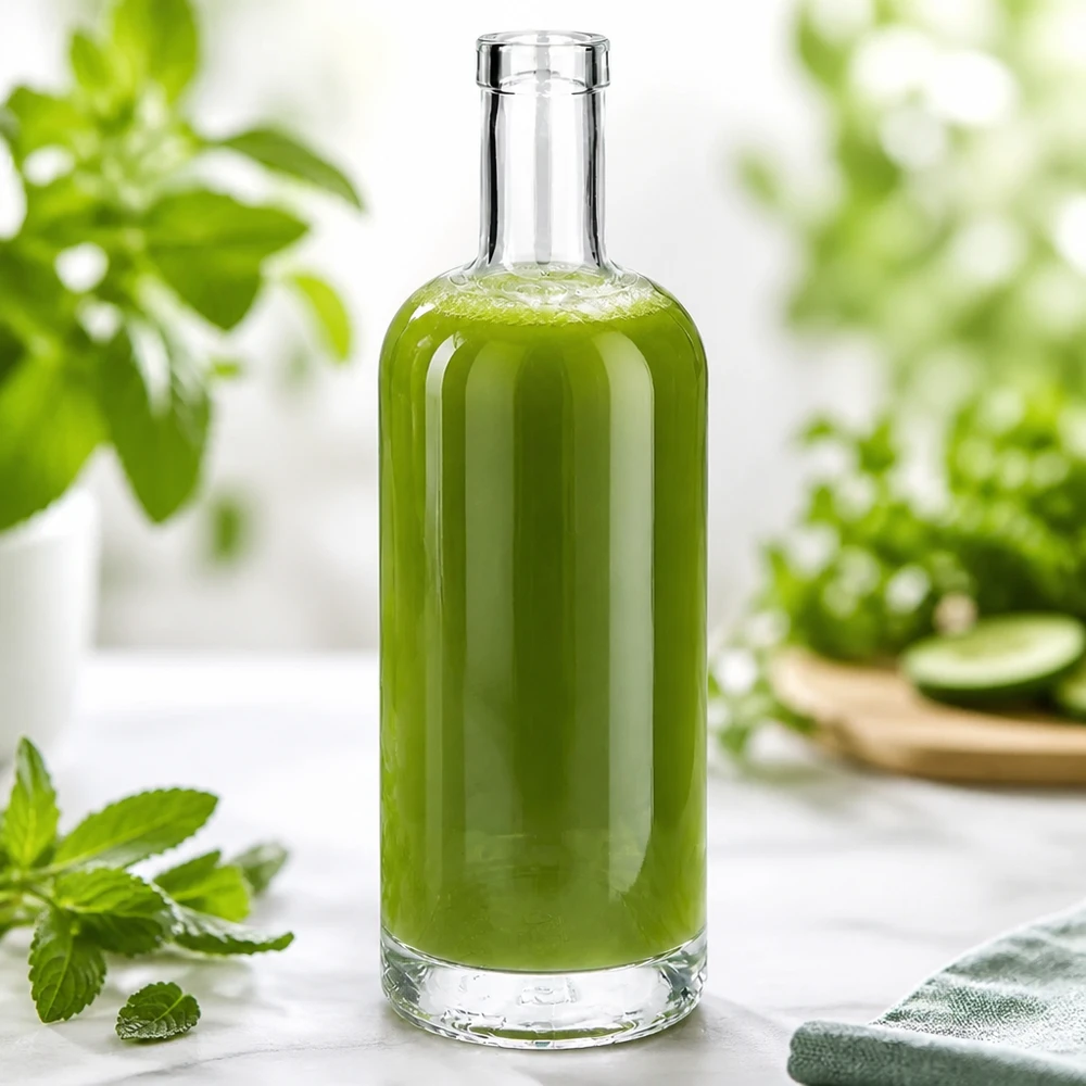 750 ml glasflaske »Emma« uden låg UNiTWIST® Emma 750 ml glasflaske fyldt med grønt indhold i et naturligt miljø dekoreret med mynte og planter
