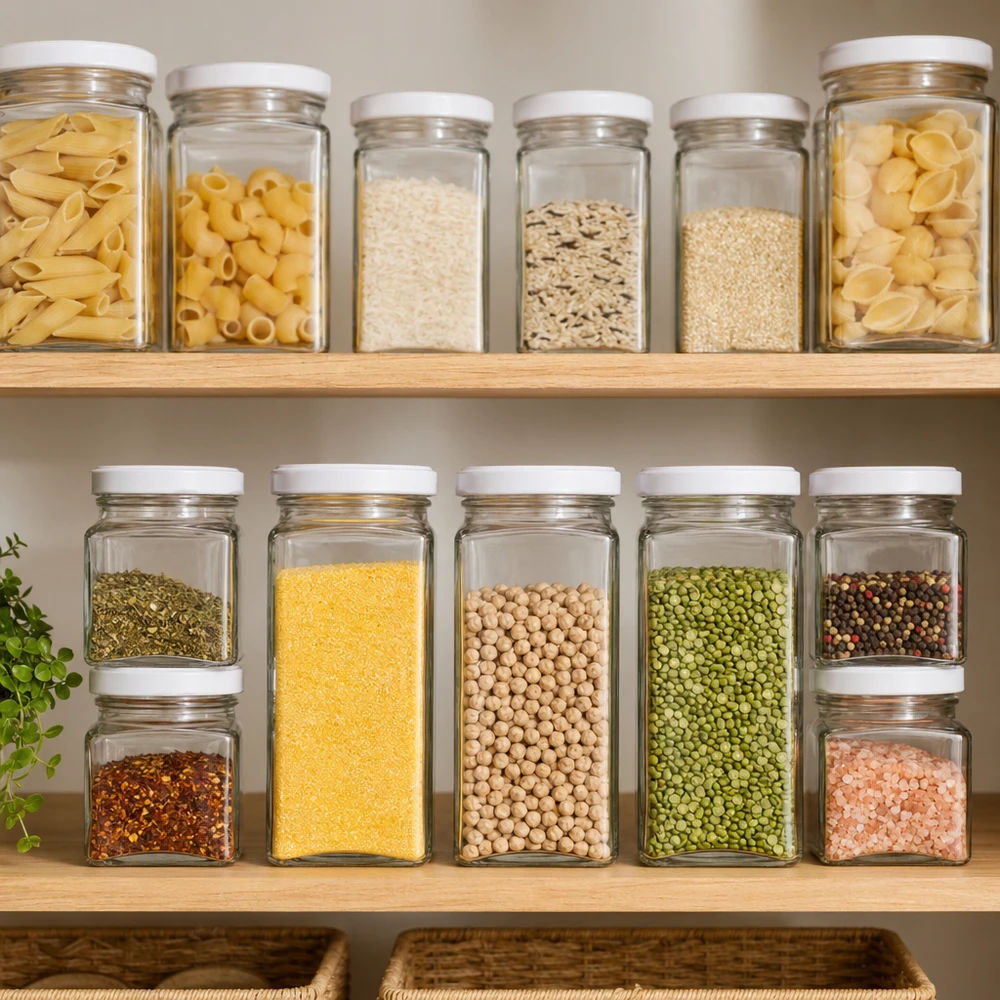 260 ml tetra-krukke med BasicSeal-låg hvid UNiTWIST 260 ml tetraglas med hvide låg fyldt med pasta, ris, kornprodukter og bælgfrugter i et organiseret spisekammer