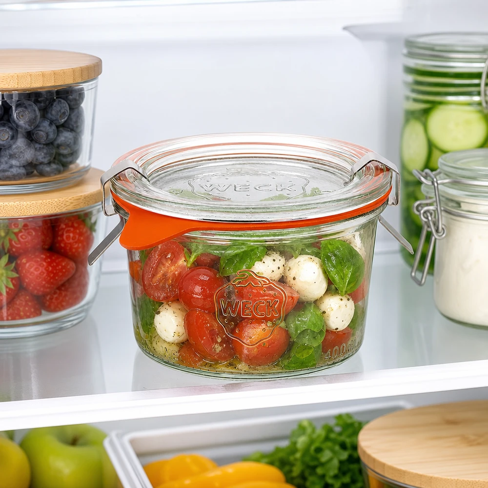 WECK 200 ml RR80 murerbalje i køleskabet fyldt med Caprese-salat sammen med andre opbevaringsglas med bær