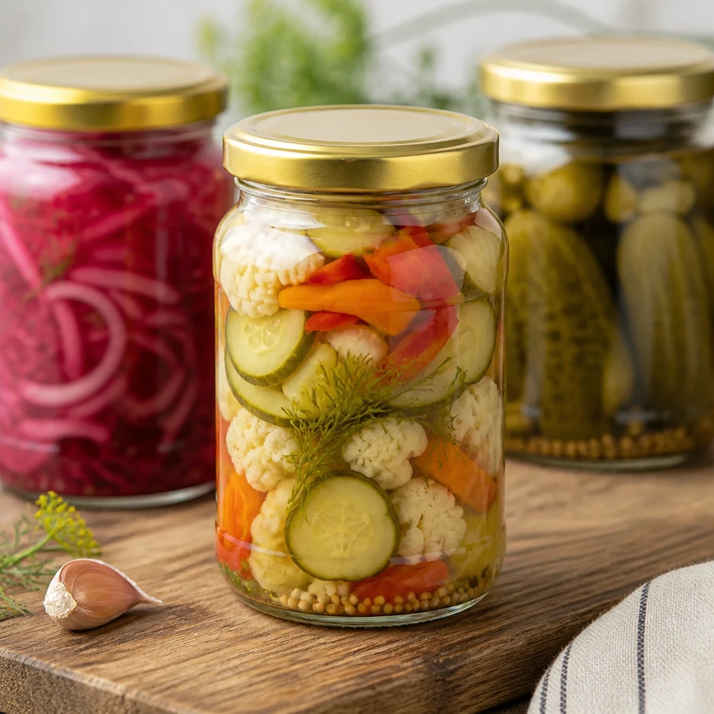 305 ml rund krukke med BasicSeal-låg i guld UNiTWIST 305 ml rund krukke UNiTWIST med syltede grøntsager - syltekrukke med gyldent låg til pickles og konserves