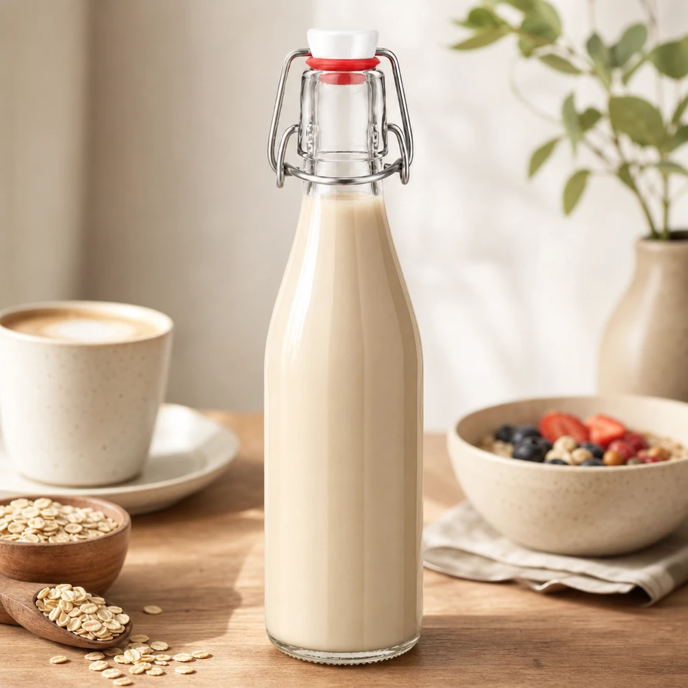 250 ml glasflaske og hængelåg i PVC UNiTWIST 250ml Glasflasche mit Bügelverschluss gefüllt mit cremiger Hafermilch, perfekt für gesunde Ernährung und Frühstück