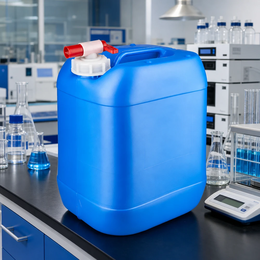Firkantet laboratoriebeholder på 20 liter, blå, med udløbshane på en sort laboratoriebordplade