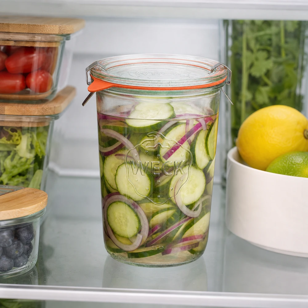 850 ml Briller komplet WECK RR100 WECK RR100 drikkeglas 850 ml i køleskabet med syltede agurker og løg for optimal madfriskhed