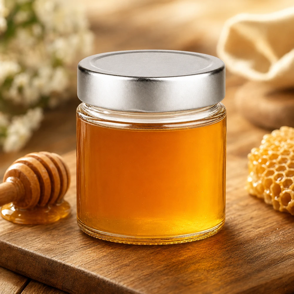 135 ml rund krukke + BasicSeal-låg sølvfarvet dyb UNiTWIST 135 ml rund krukke med sølvlåg fyldt med honning på træplade ved siden af honningske og honeycomb Eksempel på anvendelse