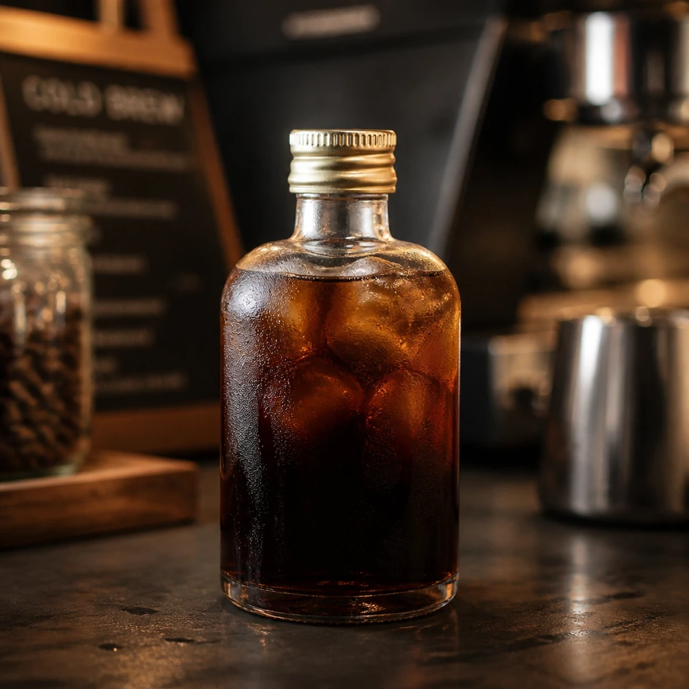 40 ml glasflaske »Sara« med skruelåg i guld UNiTWIST® 40ml Glasflasche Sara mit Cold Brew Kaffee gefüllt - goldener UNiTWIST Verschluss in stylischer Barista-Küche