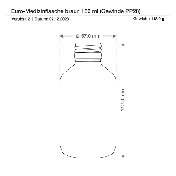 150 ml medicinflaske, brun, med ApoGlas-hætte i guldaluminium. Farmaceutisk kvalitet fra EU-produktion. 28 mm (PP28) gevind. (sirup, lys glasflaske) 150 ml medicinflaske, brun, med ApoGlas-hætte i guldaluminium. Farmaceutisk kvalitet fra EU-produktion. 28 mm (PP28) gevind. (sirup, lys glasflaske)