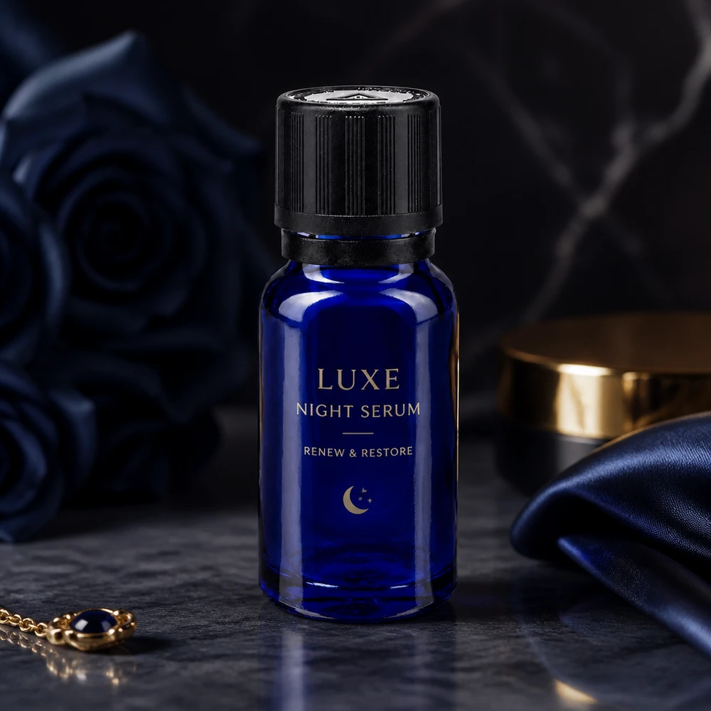 Apotfl. blå 10ml dryp v. Pr. 1mm s. KiSi Bliw OV Luxe Night Serum i en koboltblå 10 ml apotekerflaske med sort dråbepropp i en stemningsfuld natlig atmosfære