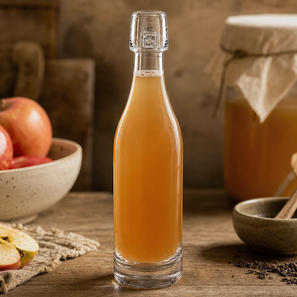 50 ml glasflaske uden skruelåg UNiTWIST 50 ml glasflaske UNiTWIST fyldt med æblelikør mellem æbleskiver og krydderier på naturtræ