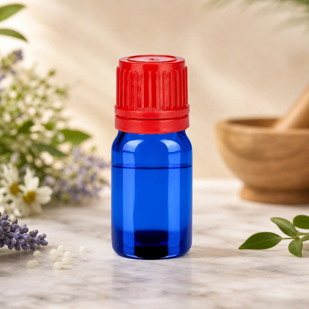 5 ml flaske 11 mm SV rød OV BlueLine UT18/5 5 ml dråbeflaske blå med børnesikret hætte rød til sikker opbevaring BlueLine UT18/5