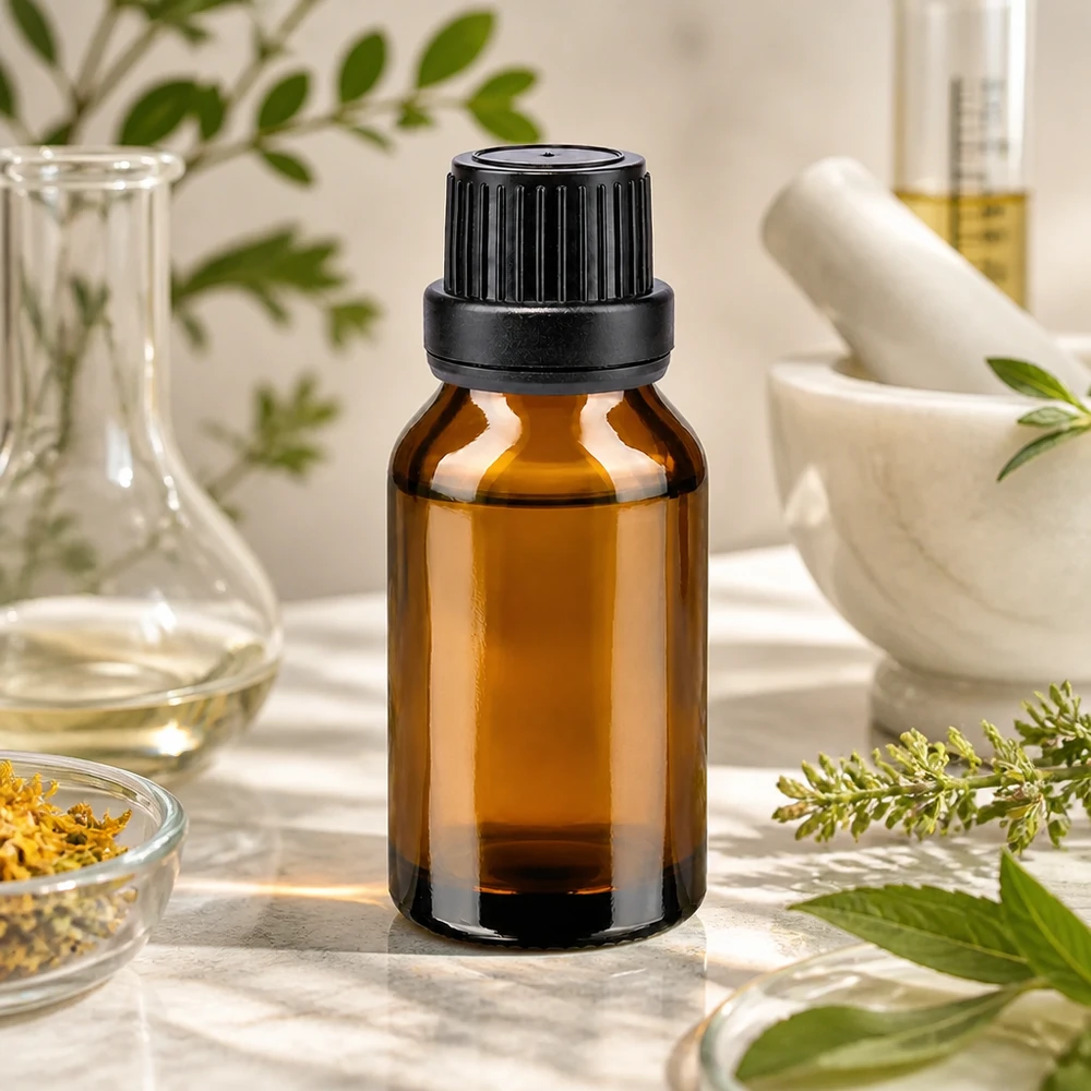 Apoteksflaske brun 15ml skruelåg sort tæt OV Brun apotekerflaske på 15 ml med sort skruelåg blandt friske urter og en morter